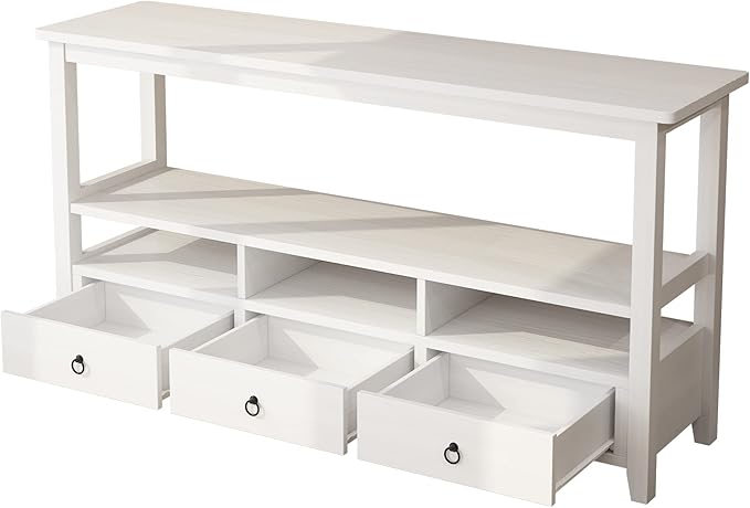 Karl home Console Table with 3 Bottom Drawers, 57.9" W Sofa Side Table Entryway Desk with 3 Storage Cubbies 1 Open Shelf, Vintage TV Stand for Hallway Living Room Office, White 29.9" H-NeatNest