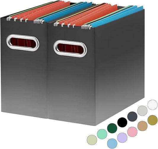 Oterri File Organizer, 2 Packs Small Storage Box, Cardboard File Folder Organizer, Collapsible File Box for Hanging File Folders Letter Size, Portable Filing Organizer with Handle (Gradient Dark Grey)