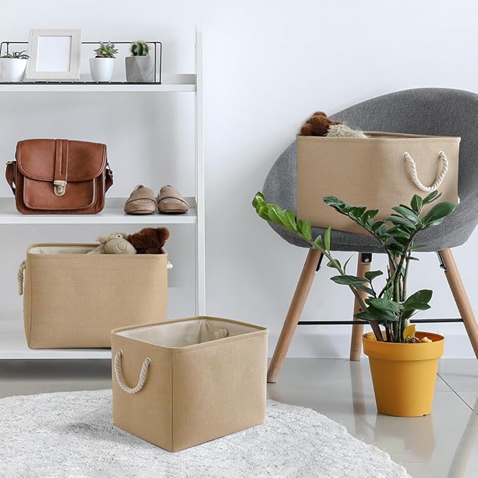 TheWarmHome Organization and Storage Basket for Organizing - 3 Pack 16x12x12 inch Cube Fabric Storage Cubes, Storage Bin for Shelves Gift Closet Organizer Cloth Toy (Beige)-NeatNest