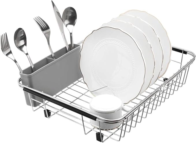 SANNO Plastic Utensil Silverware Storage Holder Caddy,Fit Kitchen Sink Drying Rack, Microfiber Dish Mat, Dish Drying Mat (Gray)-NeatNest