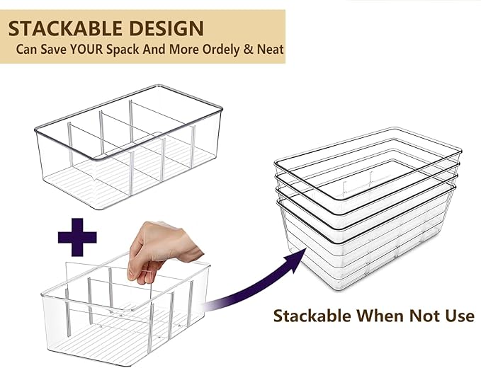 8 Pack Refrigerator Organizers and Storage,Clear Plastic Storage Bins with 3 Dividers for Pantry,Kitchen,Fridge Organization and Storage,Snack Containers for Spice Packets,Tea bag organizer-NeatNest