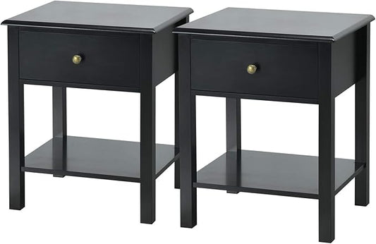 Giantex Nightstand Set of 2, 2-Tier End Table with Drawer and Open Storage Shelf, Modern Bedside Tables, Wooden Side Table Night Stand for Bedroom, Dorm, Small Spaces, Easy Assembly, Black