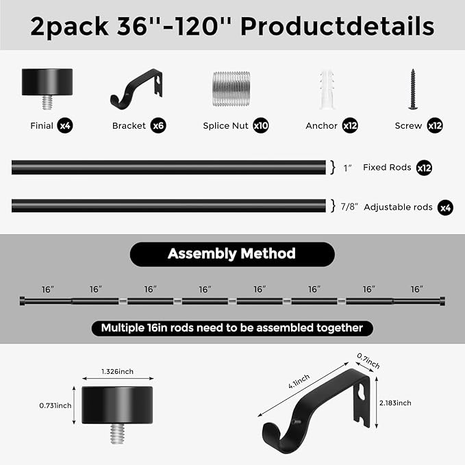2 Pack Black Curtain Rods for Windows 66 to 120 Inch(5.5-10 Feet),1" Diameter Drapery Rods with Modern Style End Cap Finials,Size:36-120 Inch