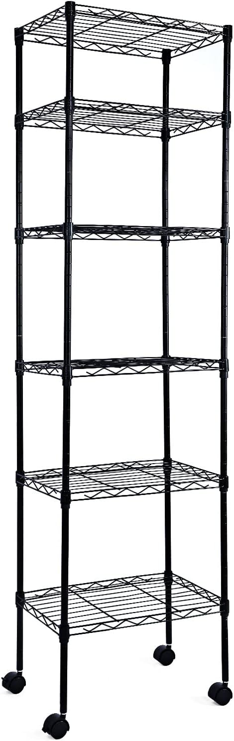 HealSmart Heavy Duty 6-Tier Storage Shelves, 17'' D x 11'' W x 63'' H Adjustable Shelving Unit with Wheels and Hanging Hooks, Black
