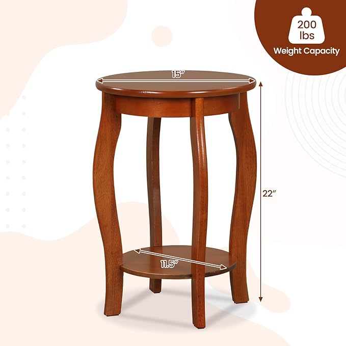 Giantex Round End Table, Wooden Side Table with Storage Shelf, Small Nightstand with Solid Wood Legs, 2-Tier Accent Table for Living Room Bedroom (1, Walnut)