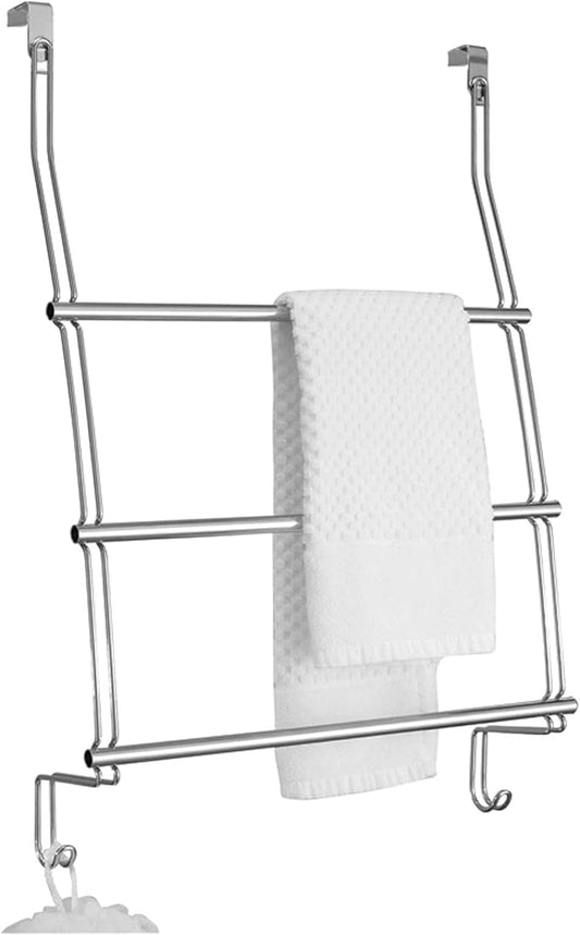 iDesign Classico Steel Over-The-Door Towel Rack with Storage Hooks - 16.75" x 4.25" x 24", Chrome