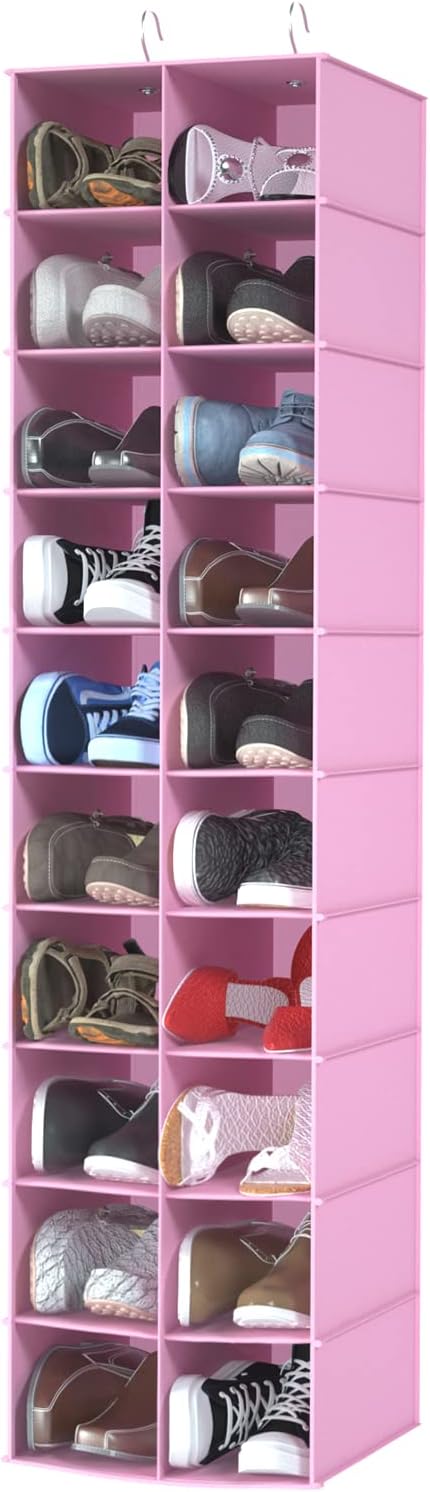 coastal rose Hanging Shoe Organizer for Closet, 20 Sections Hanging Closet Organizers and Storage Shelves, Space Saving Shoe Storage Rack Holder, Pink, 12''W×12''Dx 50''H-NeatNest