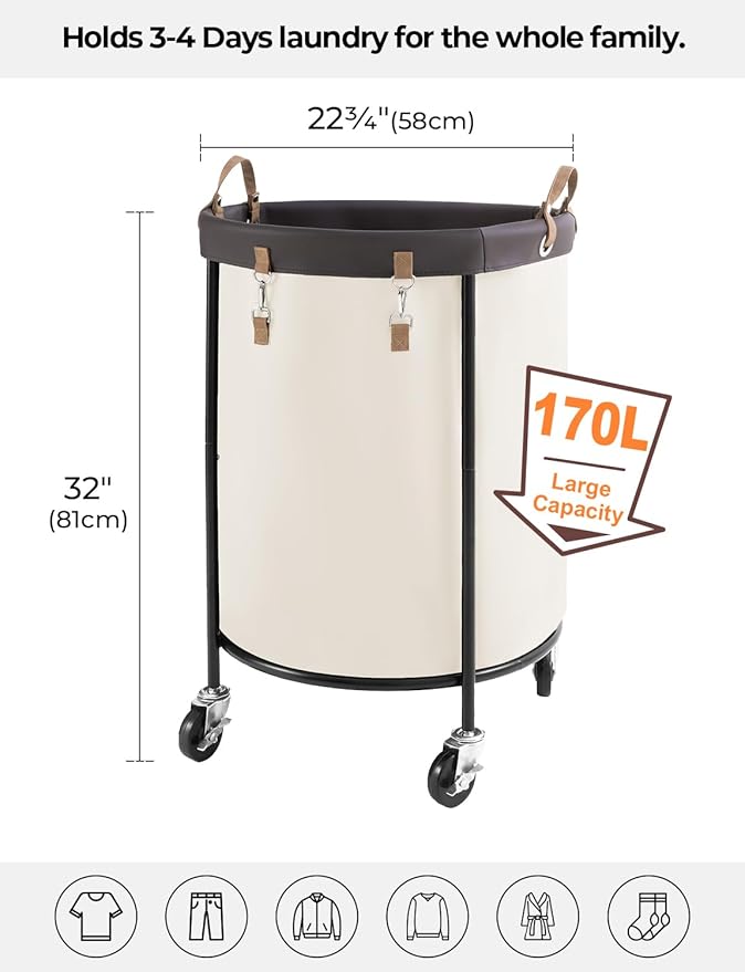 StorageWorks 170L Rolling Laundry Basket, Clothes Hamper with Wheels, Round Clothing Cart with Steel Frame and Removable Bag, 4 Casters and 2 Brakes, Beige, 1-Pack