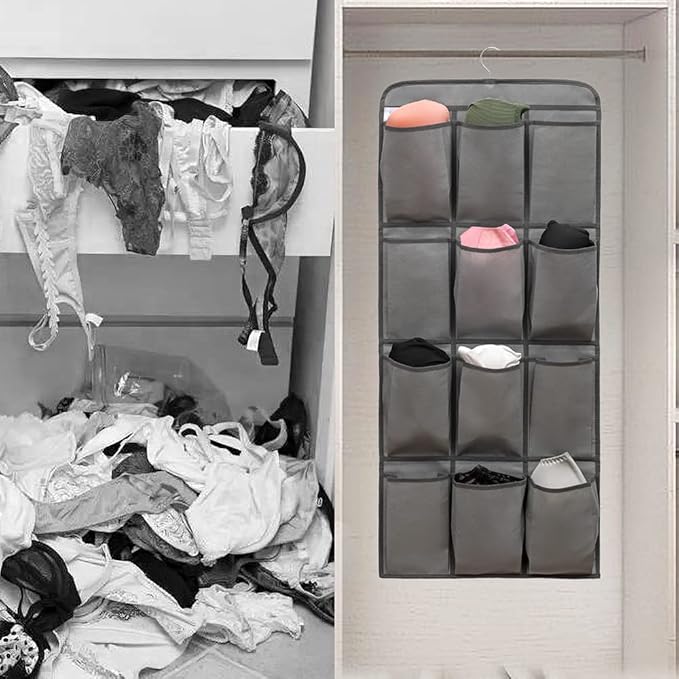 Dual Sided Hanging Shoe Organizer for Closet with 24 Large Pockets Hanging Shoe Rack Holder with Rotating Hanger (GREY)-NeatNest