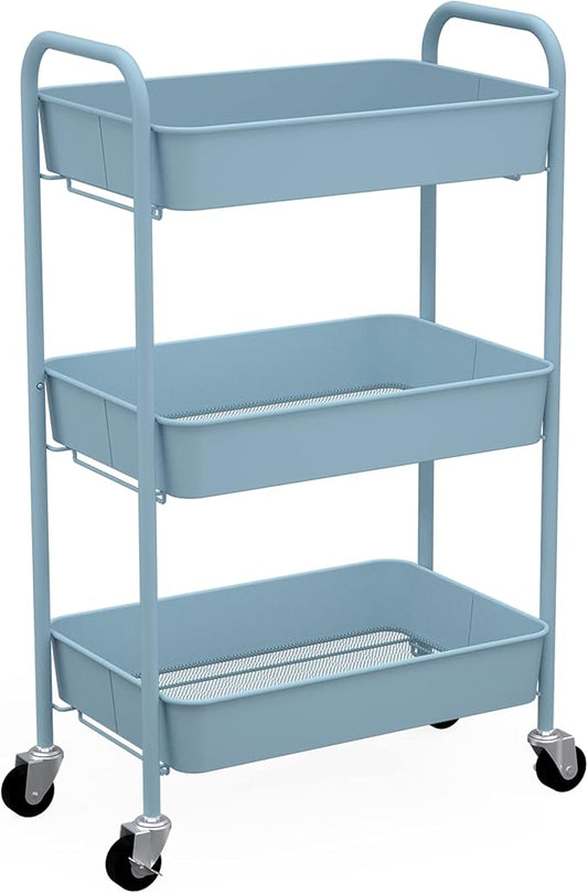 CAXXA 3-Tier Rolling Metal Storage Organizer - Mobile Utility Cart with Caster Wheels, Blue-NeatNest