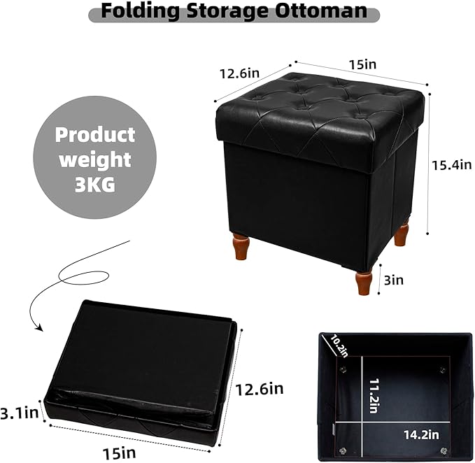 CAROLMADE Folding Storage Ottoman Cube PU Leather Footstool with Wood Legs Ottoman Footrest for Living Room and Bedroom Black, 15x12.6 x 15.4”-NeatNest