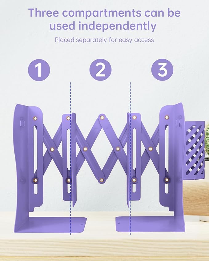 Honagu Adjustable Bookends, Metal Book Ends for Shelves Heavy Book, Desk Magazine File Organizer for Home, Office, Books, Papers, Extends up to 19 inches with Pen Holder (Purple)