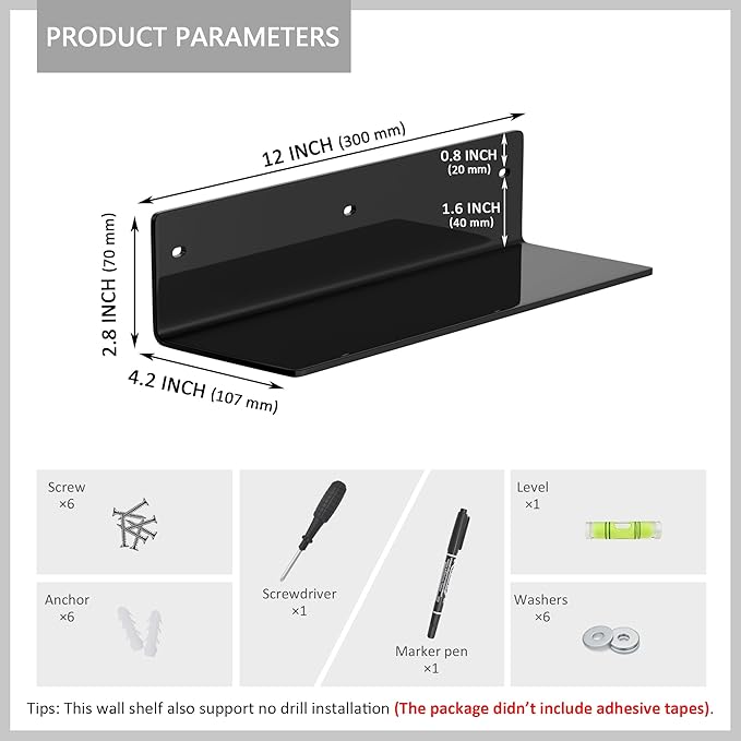 12 Inches Black Wall Shelves Set of 2, Acrylic Bathroom Shelves Wall Mounted for Home Décor, Plants, Cosmetics, Skincare, Moisture-Proof, 4'' Depth, 2 Pack-NeatNest