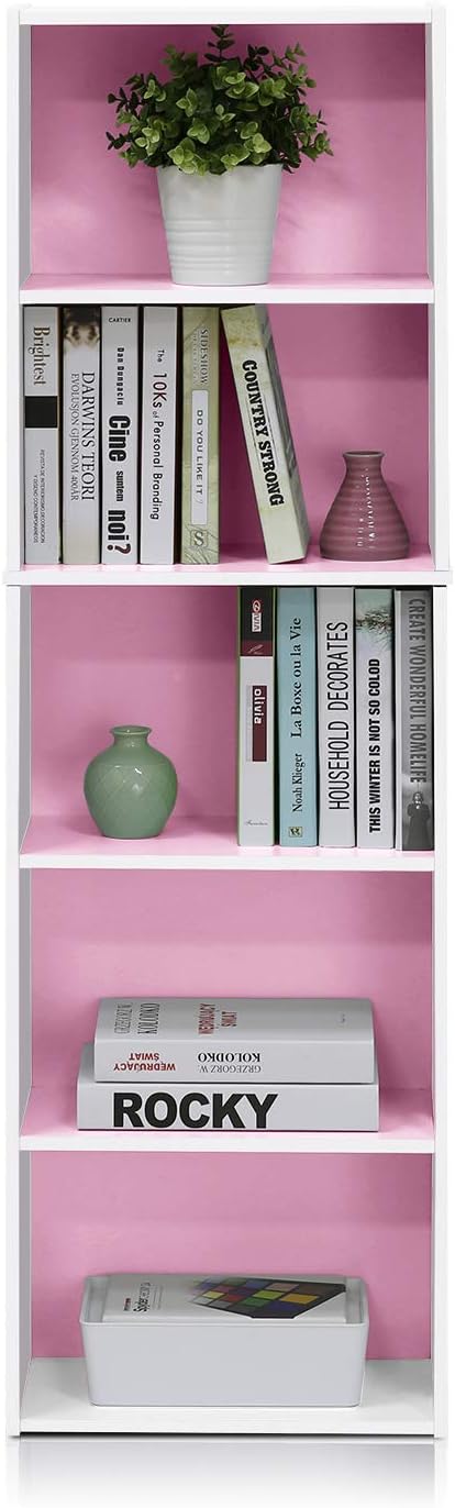 Furinno 5-Tier Reversible Color Open Shelf Bookcase , White/Pink 11055WH/PI-NeatNest