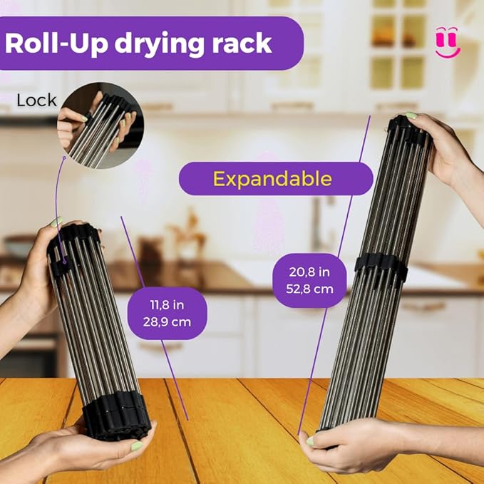 3-in-1 Over Sink Dish Drying Rack – Roll-Up Sink Rack, Silicone Mat & Folding Dish Rack – Multi-Functional, Space-Saving Kitchen Organizer (Grey)
