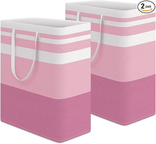 HomeHacks 2 Pack Large Laundry Baskets, Waterproof, Freestanding Laundry Hampers, Collapsible Clothes Hamper with Reinforced Handles in Laundry, College Dorm, Bathroom, Bedroom (Pink, 125Lx2)-NeatNest