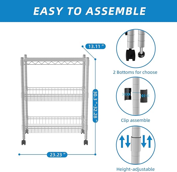 3 Tier Wire Shelving Wire Basket Shelf Storage Cart Adjustable Metal Shelf 2 Bottoms for Choose(Castor or Leveling Feet) for Office,Kitchen,Bedroom,Silver(23.23" L x 13.11" W x 32.28" H)