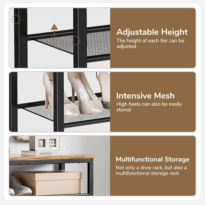 Shoe Rack, 5-Tier Shoe Storage Organizer with 4 Metal Mesh Shelves for 15-20 Pairs, Free Standing Shoe Racks, for Entryway, Hallway, Closet, Dorm Room, Industrial, Rustic Brown-NeatNest