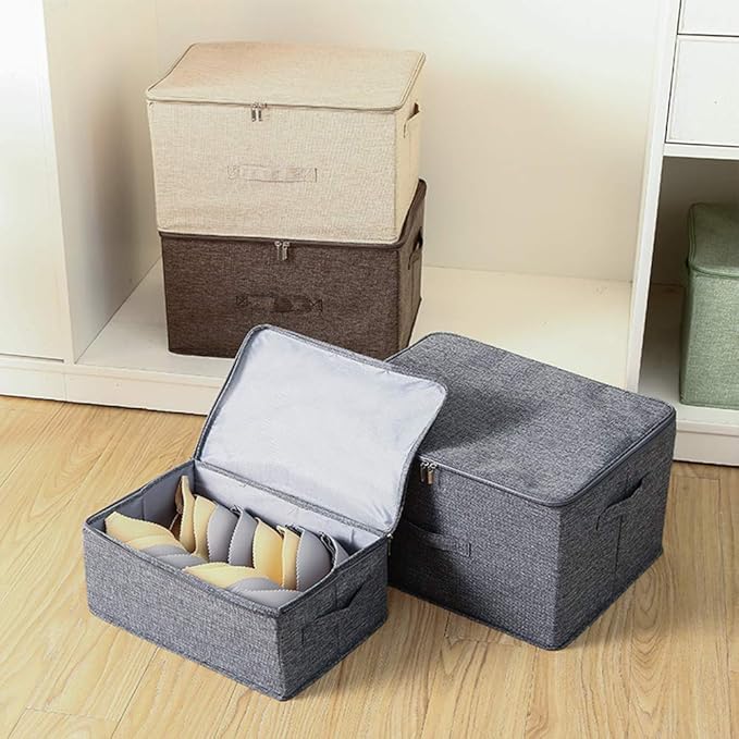 ANMINY 2PCS Storage Bins with Zipper Lids 13 Qt Lidded Fabric Storage Boxes Baskets Cubes with Handles Collapsible Washable Cotton Linen Closet Shelf Clothes Organizer Containers - Gray, Small-NeatNest