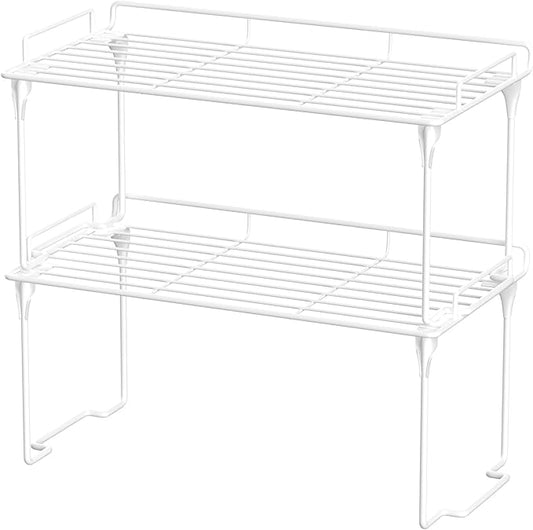 iPEGTOP Stackable Cabinet Shelf Organizers, Set of 2 Kitchen Countertop Cupboard Storage Rack, Pantry Stand Shelves Space Saving for Kitchen, Bedroom, Bathroom, White-NeatNest