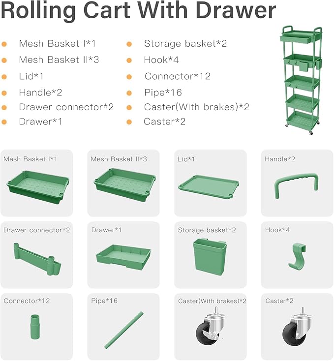 5 Tier Rolling Cart Organizer,Bathroom Cart Organizers with Wheels Laundry Room Organization Mobile Shelving Unit Utility Cart Storage Shelves Multi-Functional for Office, Home(Green)-NeatNest