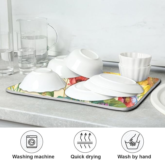 Fall Dish Drying Mat Microfiber Dish Drying Pads Kitchen Counter Draining Pad Sunflower Cornflower Poppy 16 x 18 Inches