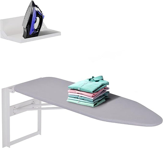 Ivation Wall-Mounted Ironing Board With Storage Shelf, Foldable 36.2” x 12.2”, Fold Down Ironing Station for Home, Apartment &, Easy-Release Lever, Removable Cotton Cover & Dorms, Hardware Included