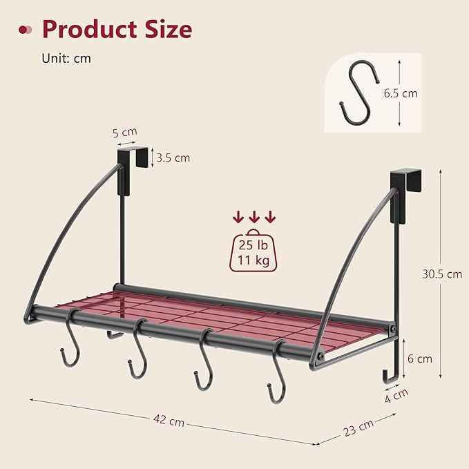 Tajsoon Over The Door Hanger with Storage Rack and 6 Hooks, Over The Door Clothes Racks for Hanging Towel & Coat, Door Rack Hanger for Bathroom, Bedroom, Living Room, Black