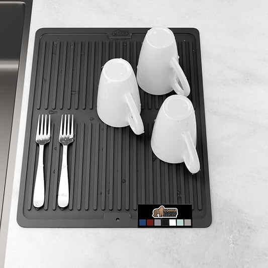 GORILLA GRIP 100% BPA-Free Patented Silicone Dish Drying Mat for Kitchen Counter, Water Catching Ribbed Design, Easy Clean Waterproof Sink Liner, Heat Resistant, Fits Under Rack, 16x12 Inch, Black