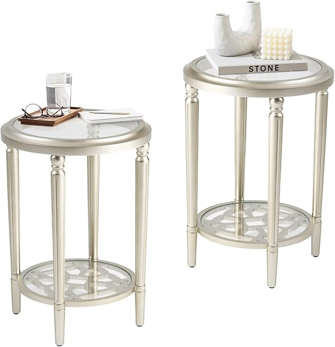 COSIEST Set of 2 Modern Round End Table, 2-Tier Glass Side Table with Glass Tabletop, Wood Accent Table with Storage Shelf for Living Room, Bedroom-NeatNest