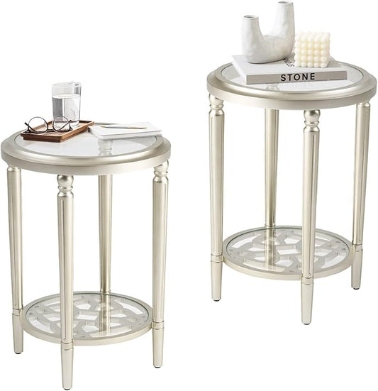 COSIEST Set of 2 Modern Round End Table, 2-Tier Glass Side Table with Glass Tabletop, Wood Accent Table with Storage Shelf for Living Room, Bedroom-NeatNest