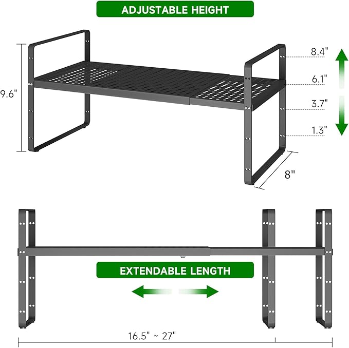 Expandable Kitchen Cabinet Shelf Organizer Rack Heavy Duty Metal Spice Rack Stackable Kitchen Counter Storage Shelf for Kitchen Cabinet Pantry Bathroom (Black - 16.5"-27" L x 8" W x 9.6" H - 2Pack)-NeatNest