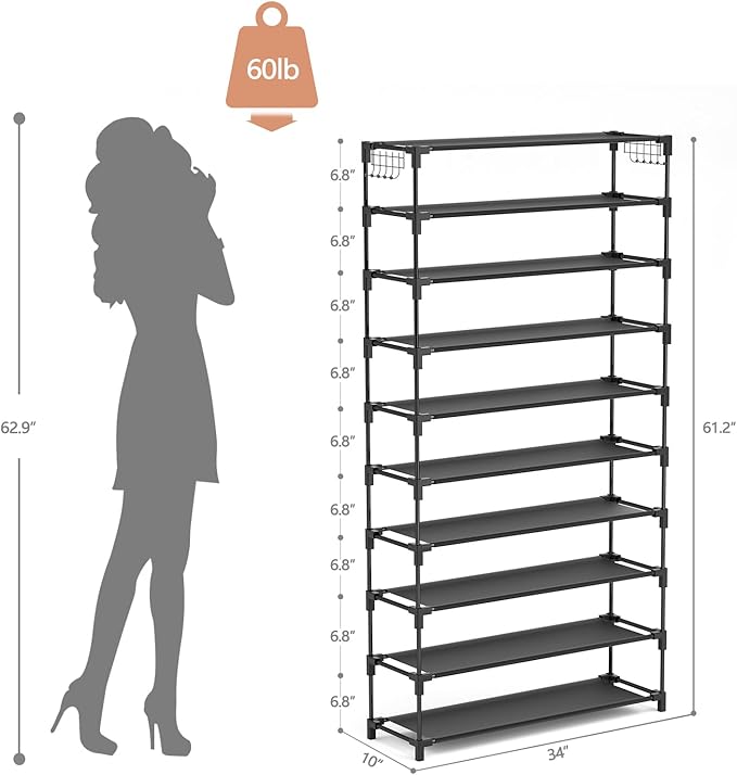10 Tiers Shoe Rack 50 Pairs Large Capacity Tall Shoe Organizer Sturdy Shoe Storage with Two Hooks Space Saving Metal Wide Shoe Rack for Closet, Entryway, Bedroom, Black-NeatNest