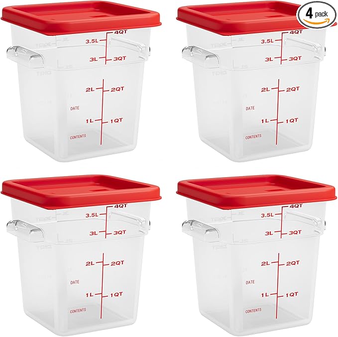 4 Quart Set of 4 Food Storage Containers,Commercial Clear Square Food Storage Containers with Lids and Handles(BPA FREE)