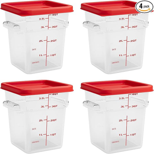 4 Quart Set of 4 Food Storage Containers,Commercial Clear Square Food Storage Containers with Lids and Handles(BPA FREE)