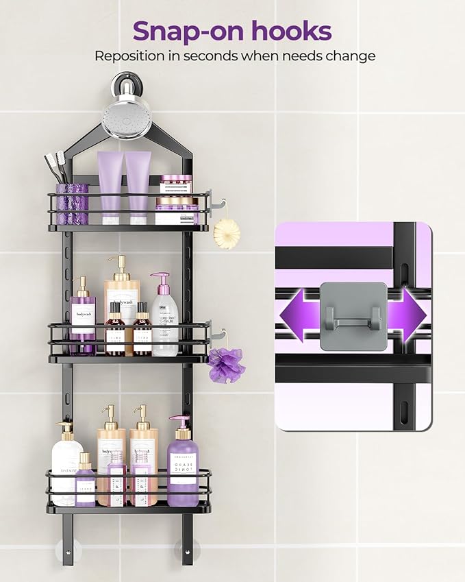 ODesign 3 Tier Height-Adjustable Shower Caddy Hanging Hanger Anti-Swing-Over The Shower Head Caddy-Shower Storage Organizer Bathroom Shelves Basket Shower Caddies-Black,11.9" x 4.84" x 36.2"