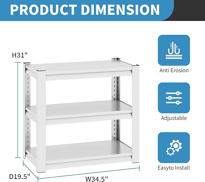 31.5" H Metal Storage Shelving, 1500LBS Heavy Duty Shelves Unit, Adjustable 3 Tier Storage Rack, Industrial Utility Shelf for Garage, Warehouse, Bedroom, Kitchen,18" D×34“W×31.5”H, White-NeatNest