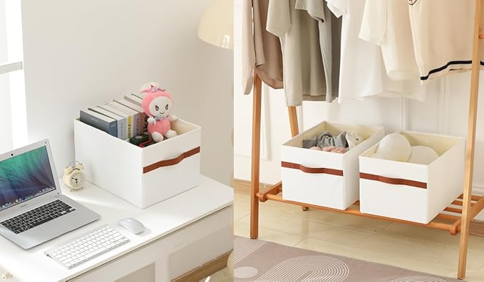 ALYER Collapsible Fabric Storage Organizer with Handles,Shelf Bins Box Container for Bedroom Office Closet Babies Nursery Toys Books Clothes (White, 15.8" x 12" x 10")