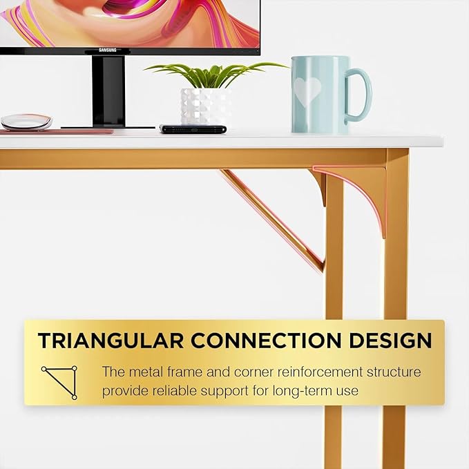 40 Inch Computer Desk for Bedroom，Sturdy Wooden Work Desk for Home Office，Simple Modern Style Tables with Metal Desk Legs Writing Study Table for Adults&Kids,White Gold