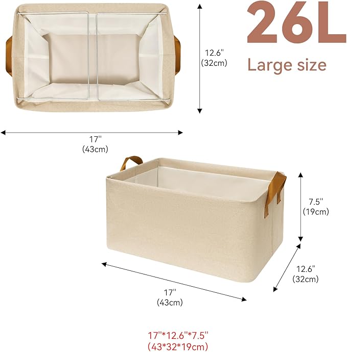 4 Pack Closet Cloth Storage Bins for Shelves,Large Storage Baskets for Shelves, Fabric Bins for Closet organization with Handles（ Beige 17''L x 12.6''W x 7.5''H）-NeatNest