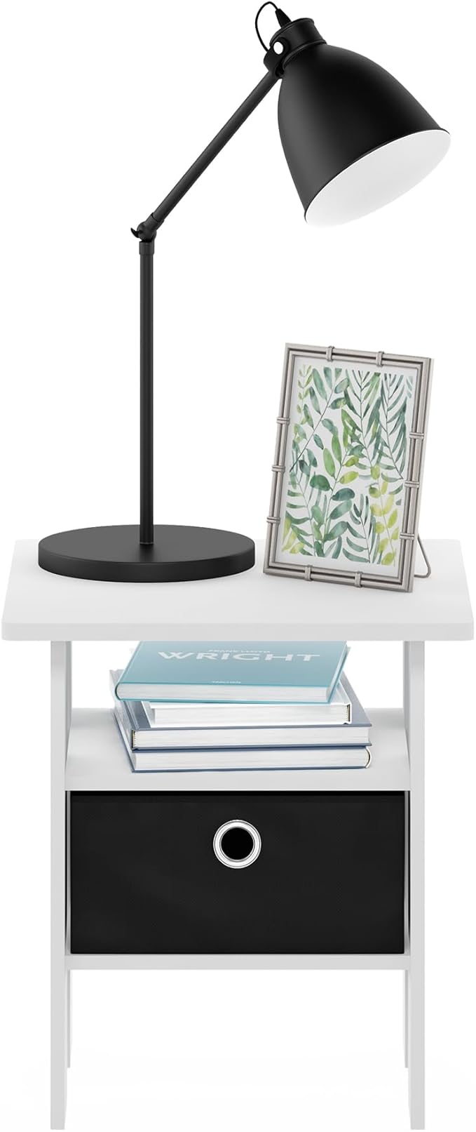 Furinno Andrey End Table Nightstand with Bin Drawer, White/Black