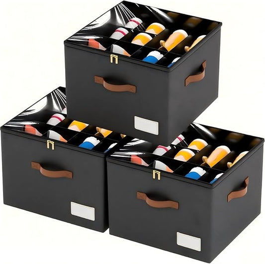 3 Pack Shoe Organizer for Closet, Foldable Shoe Storage Containers, Fits up to 24-48 Pairs, Shoe Storage Organizer Box Cubby Baskets Bins with Clear Cover and Reinforced Handles, Black-NeatNest
