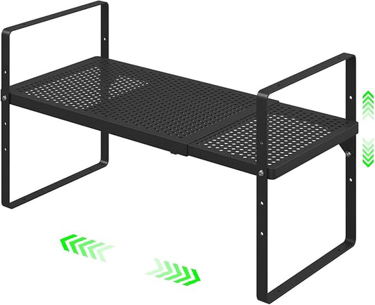 Expandable Cabinet Organizer Shelf, Stackable Shelf Riser for Small Kitchen Pantry Desk Cupboard Tabletop Countertop Home Office, Heavy Duty, Black Small 1 Pack-NeatNest