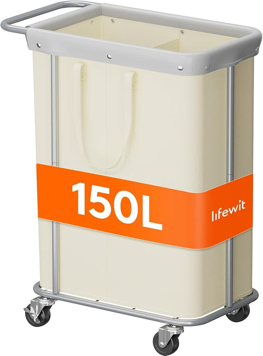 Lifewit 150L Large Laundry Basket with Wheels, Tall 2 Section Laundry Hamper Organizer, Rolling Laundry Cart with Steel Frame & Removable Bag for Luandry Room Bathroom Bedroom, White
