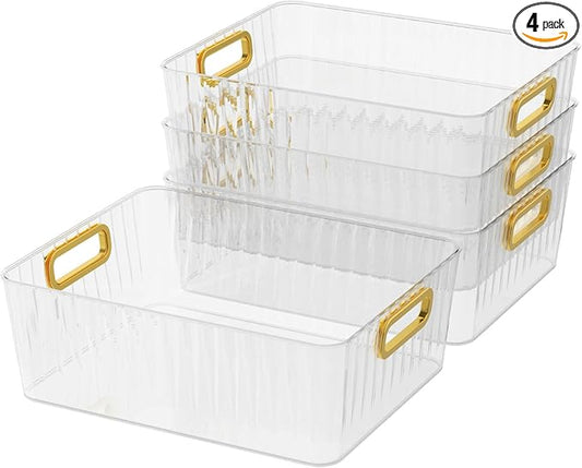 4 Packs Clear Plastic Storage Bin, Pantry Organizer Bin for Refrigerator, Kitchen, Freezer Organization