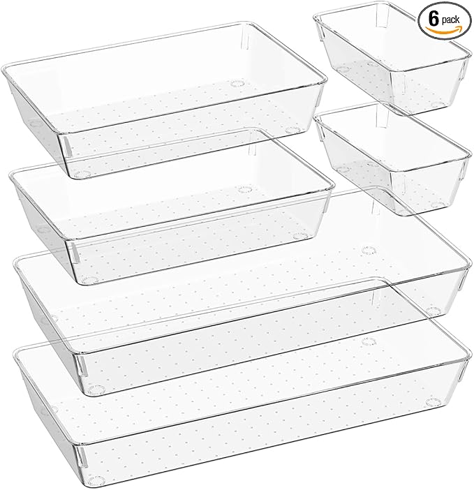 6 PCS Large Drawer Organizer, 3Sizes Plastic Versatile Desk Drawer Organizer Trays with Non-Slip Silicone Pads, Storage Bins for Makeup, Office, Kitchen Gadgets Utensils, Bedroom, Tools, Bathroom-NeatNest