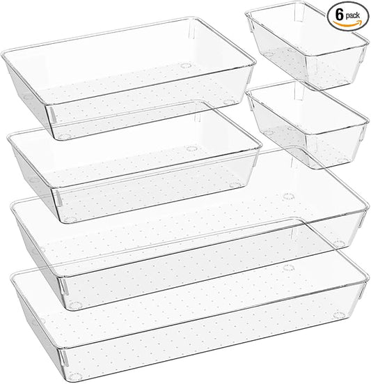 6 PCS Large Drawer Organizer, 3Sizes Plastic Versatile Desk Drawer Organizer Trays with Non-Slip Silicone Pads, Storage Bins for Makeup, Office, Kitchen Gadgets Utensils, Bedroom, Tools, Bathroom-NeatNest