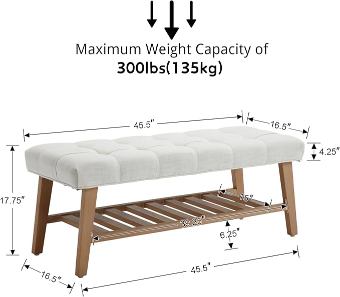 Entryway Shoe Bench Storage Benches with Upholstered Button Tufted Seat and Open Slatted Shelf Linen Shoe Rack for Hallway Living Room Bedroom End of Bed, Beige-NeatNest