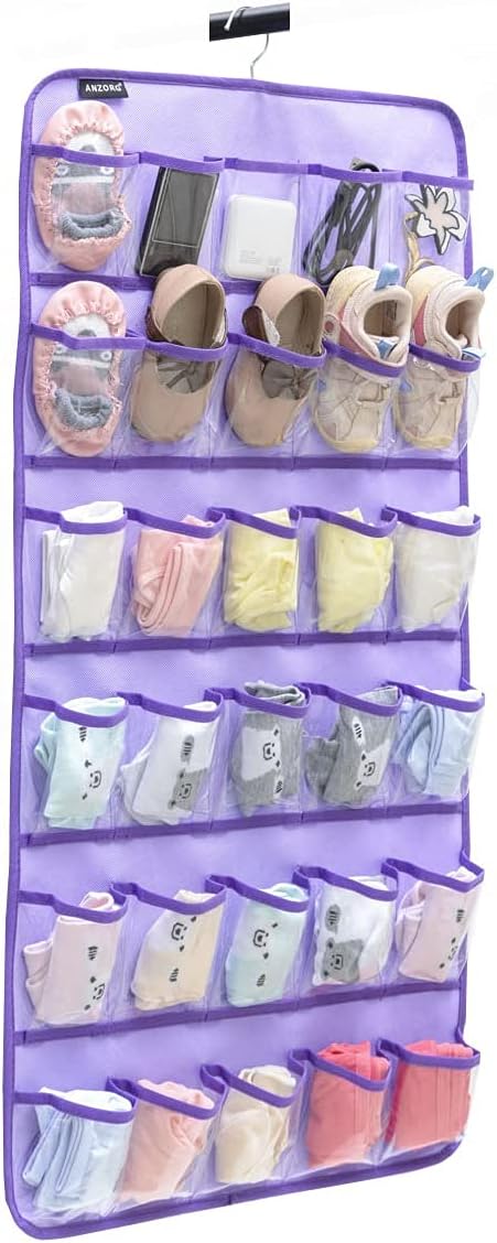 Hanging Baby Shoes Organizer Baby Headband Holder Closet Organizer for Baby Bow Socks Underwear with 30 Clear Pockets (PURPLE)-NeatNest