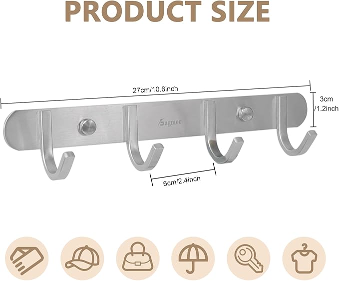 Coat Hook Rack Brushed Nickel 10.6-Inch Coat&Towel Hook Rail Wall Mounted with 4 Hooks, Durable Wall Hangers for Bedroom, Bathroom, Foyer, Hallway (SUS304 Stainless Steel)-NeatNest